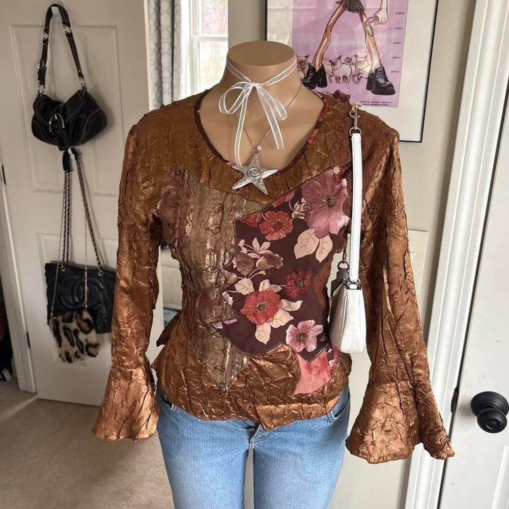 y2k 2000s‎ avant garde brown patchwork floral fairy flared sleeve blouse